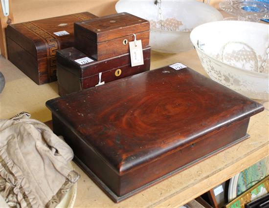 Victorian parquetry-inlaid walnut work box, a mahogany tea caddy (lacking fitments) and a hinged mahogany box